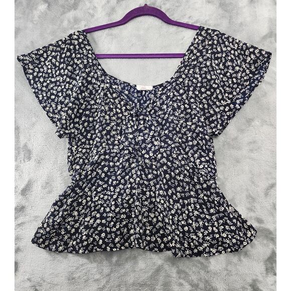 Sienna Sky Floral Tie Front V-Neck Ruffle Hem Top L Blue White Flutter Sleeve - Picture 1 of 8
